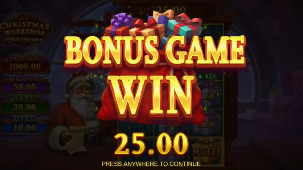 Tampilan visual slot Christmas Workshop: Hold The Spin dengan tema bengkel Santa yang meriah.