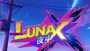 Tampilan visual slot Luna X dengan latar belakang neon cyberpunk dan karakter anime.