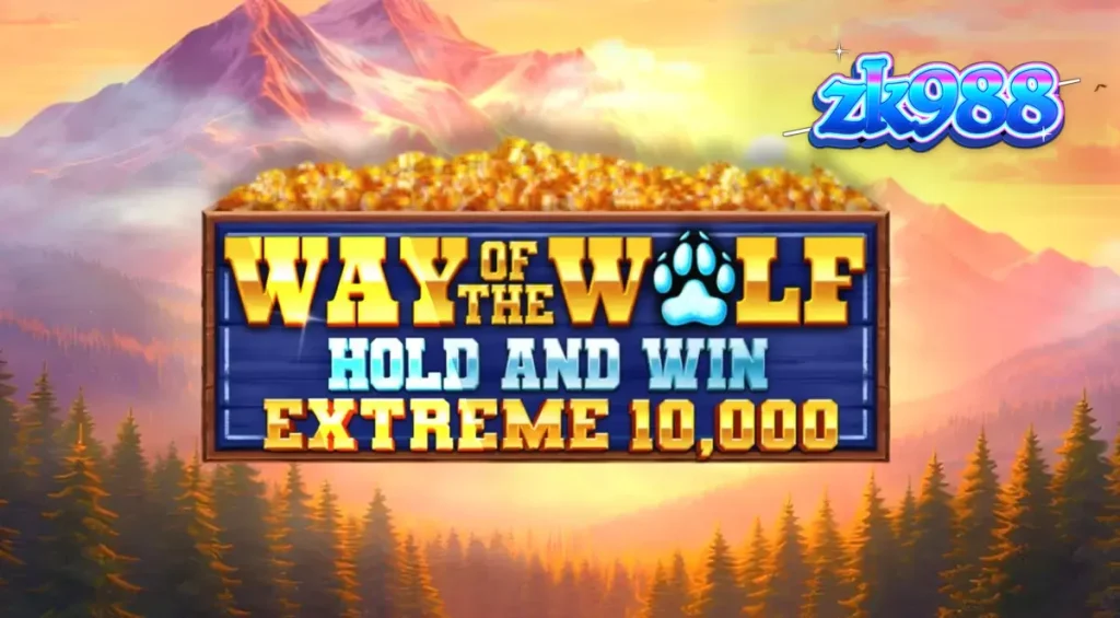 Pemandangan atmosferik hutan malam hari dengan simbol serigala dan bulan perak di latar belakang slot Way of the Wolf Hold and Win Extreme 10,000.